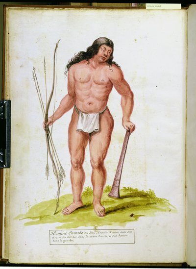 Nativo dei Caraibi con le sue armi, da un manoscritto su piante e civiltà nelle Antille, c.1686 da Charles Plumier